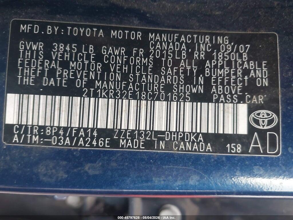 2T1KR32E18C701625 2008 TOYOTA MATRIX photo no. 9