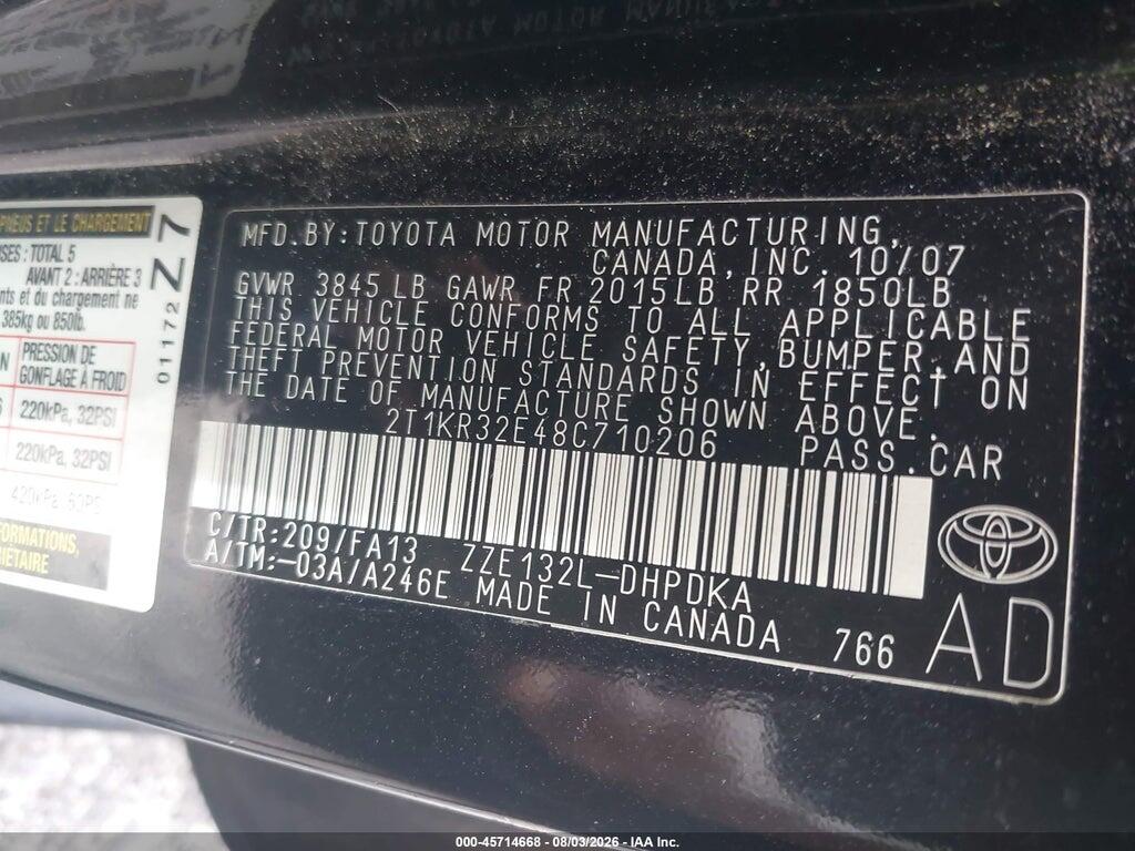 2T1KR32E48C710206 2008 TOYOTA MATRIX photo no. 9