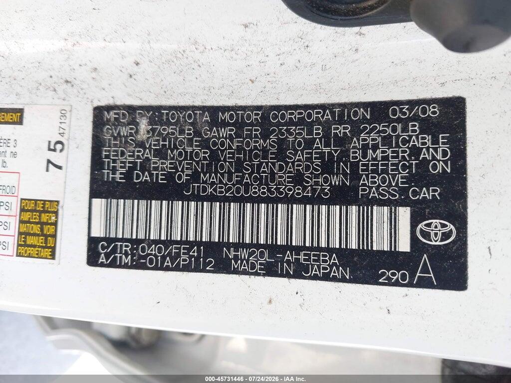 JTDKB20U883398473 2008 TOYOTA PRIUS photo no. 9