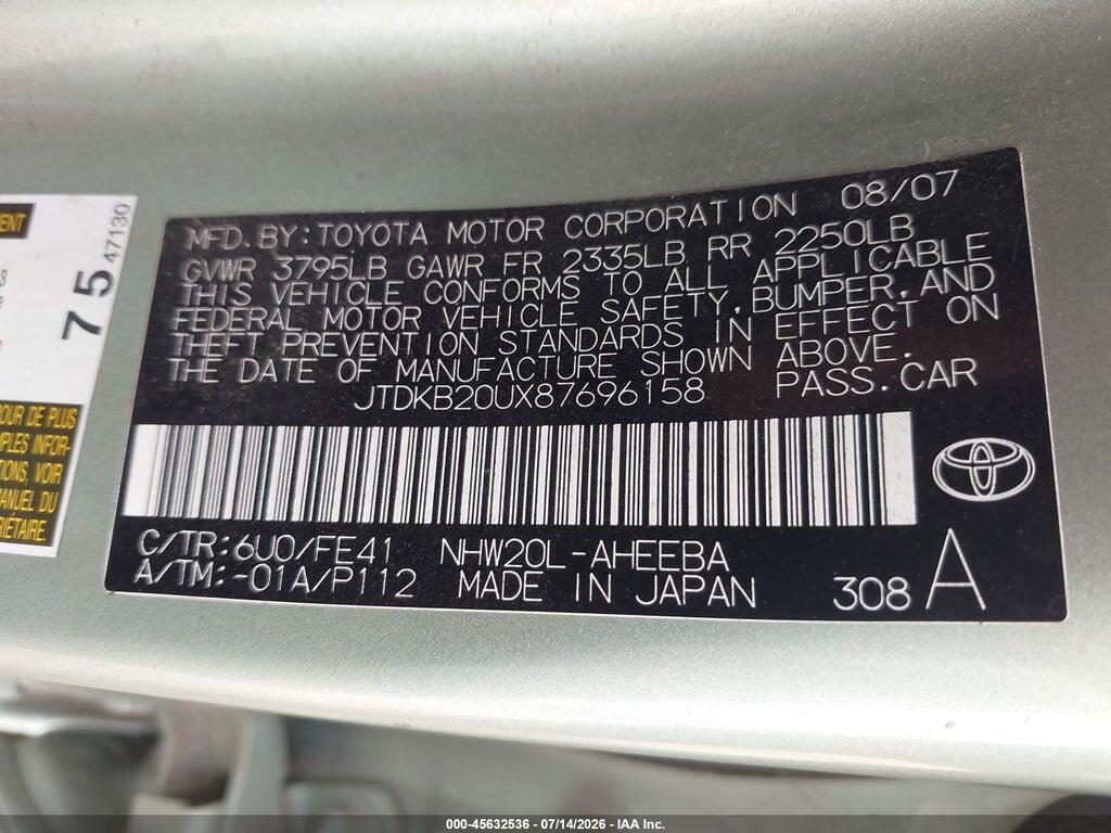 JTDKB20UX87696158 2008 TOYOTA PRIUS photo no. 9
