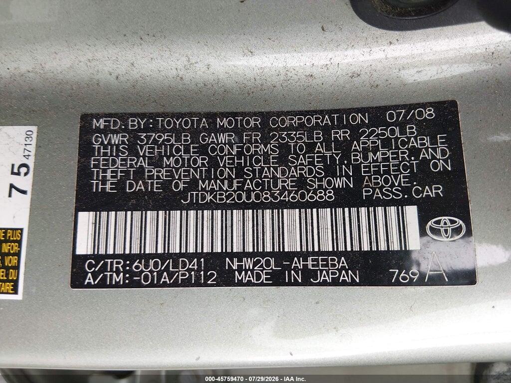 JTDKB20U083460688 2008 TOYOTA PRIUS photo no. 9