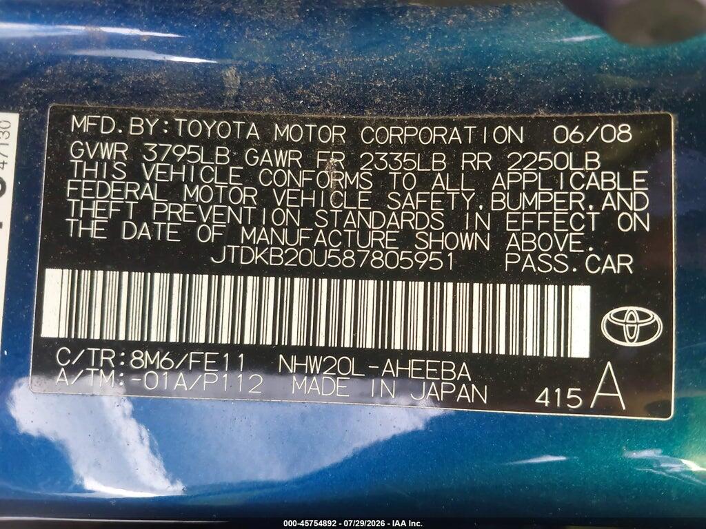 JTDKB20U587805951 2008 TOYOTA PRIUS photo no. 9
