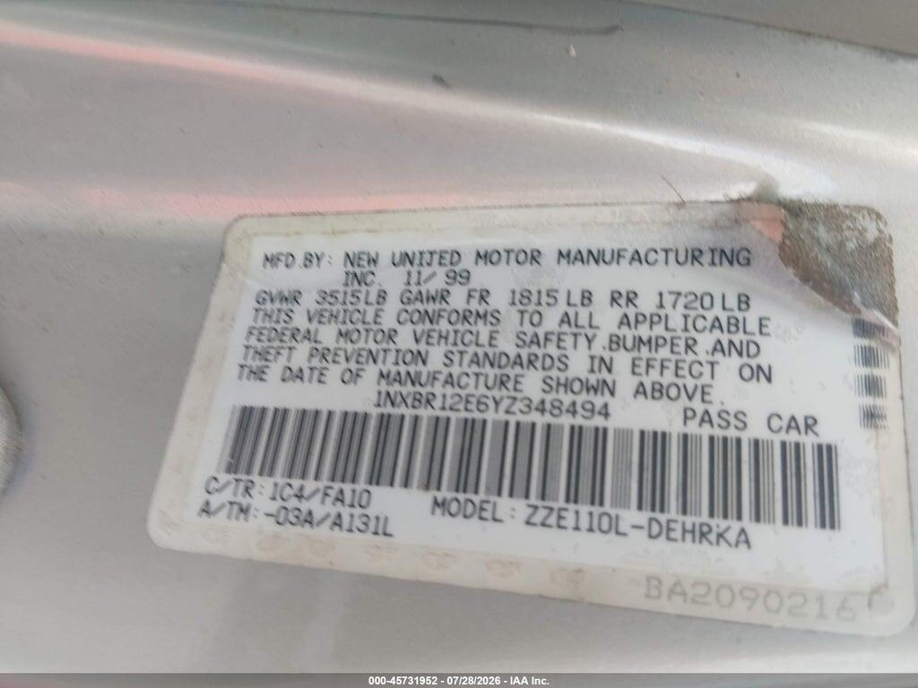 1NXBR12E6YZ348494 2000 TOYOTA COROLLA photo no. 9