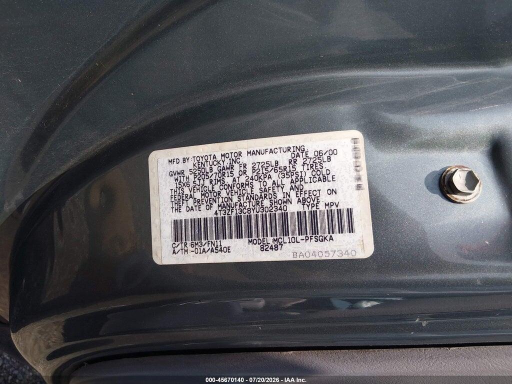 4T3ZF13C8YU302340 2000 TOYOTA SIENNA photo no. 9