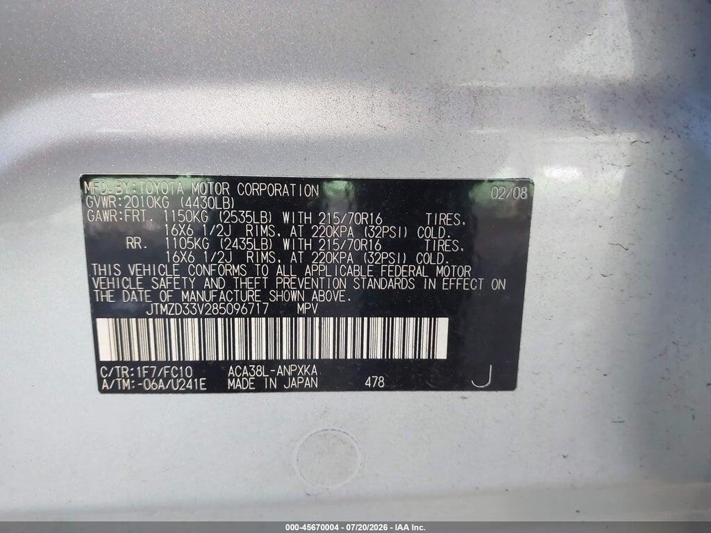 JTMZD33V285096717 2008 TOYOTA RAV4 photo no. 9