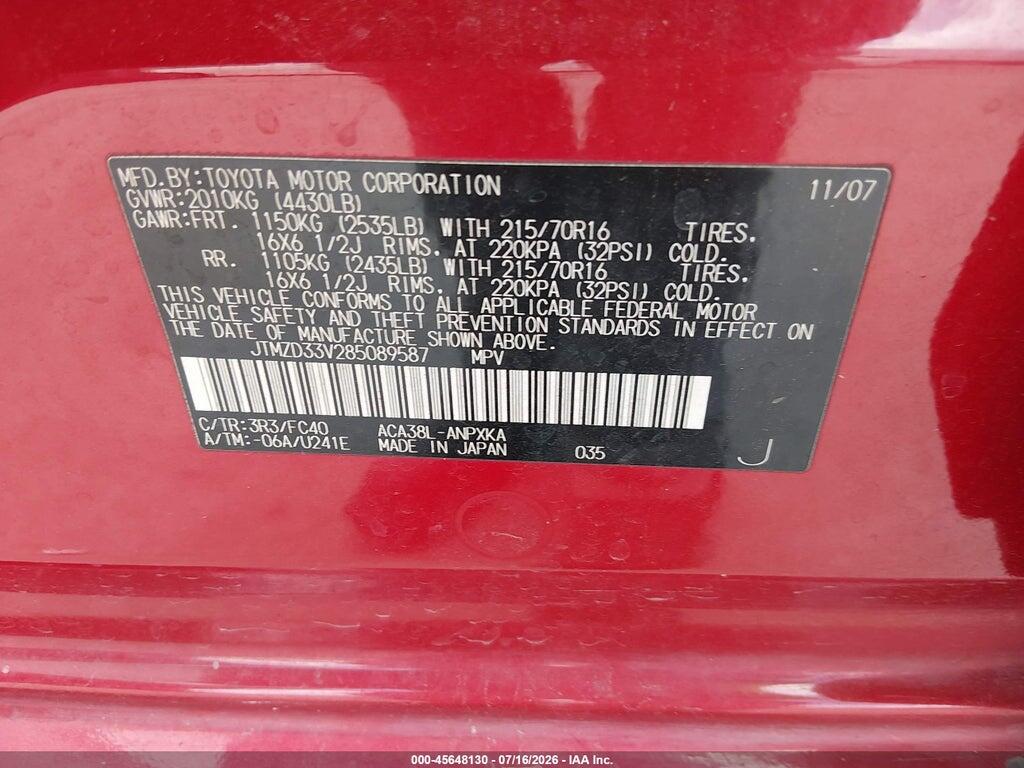 JTMZD33V285089587 2008 TOYOTA RAV4 photo no. 9