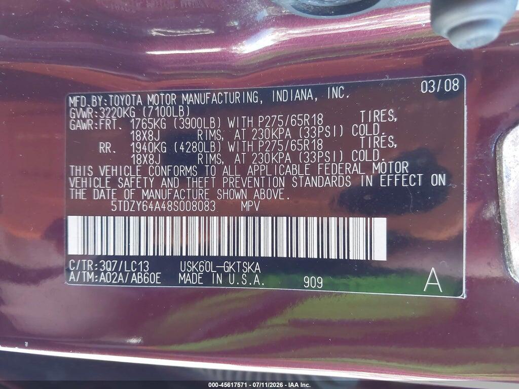 5TDZY64A48S008083 2008 TOYOTA SEQUOIA photo no. 9