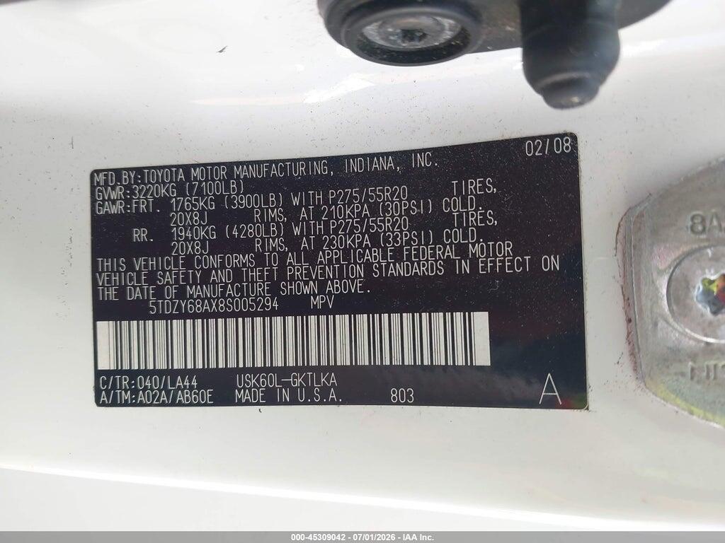 5TDZY68AX8S005294 2008 TOYOTA SEQUOIA photo no. 9