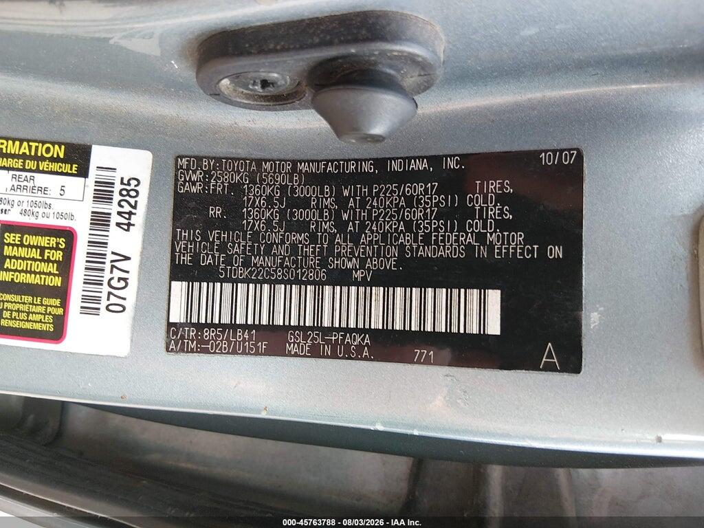 5TDBK22C58S012806 2008 TOYOTA SIENNA photo no. 9
