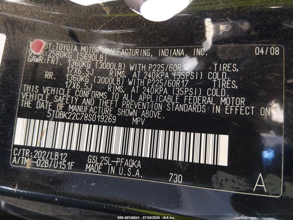 5TDBK22C78S019269 2008 TOYOTA SIENNA photo no. 9