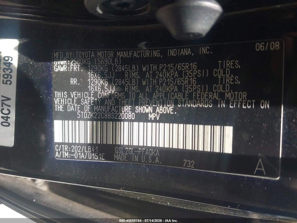 5TDZK22C88S220080 2008 TOYOTA SIENNA photo no. 9