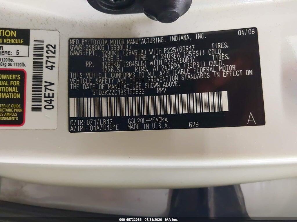 5TDZK22C18S190632 2008 TOYOTA SIENNA photo no. 9