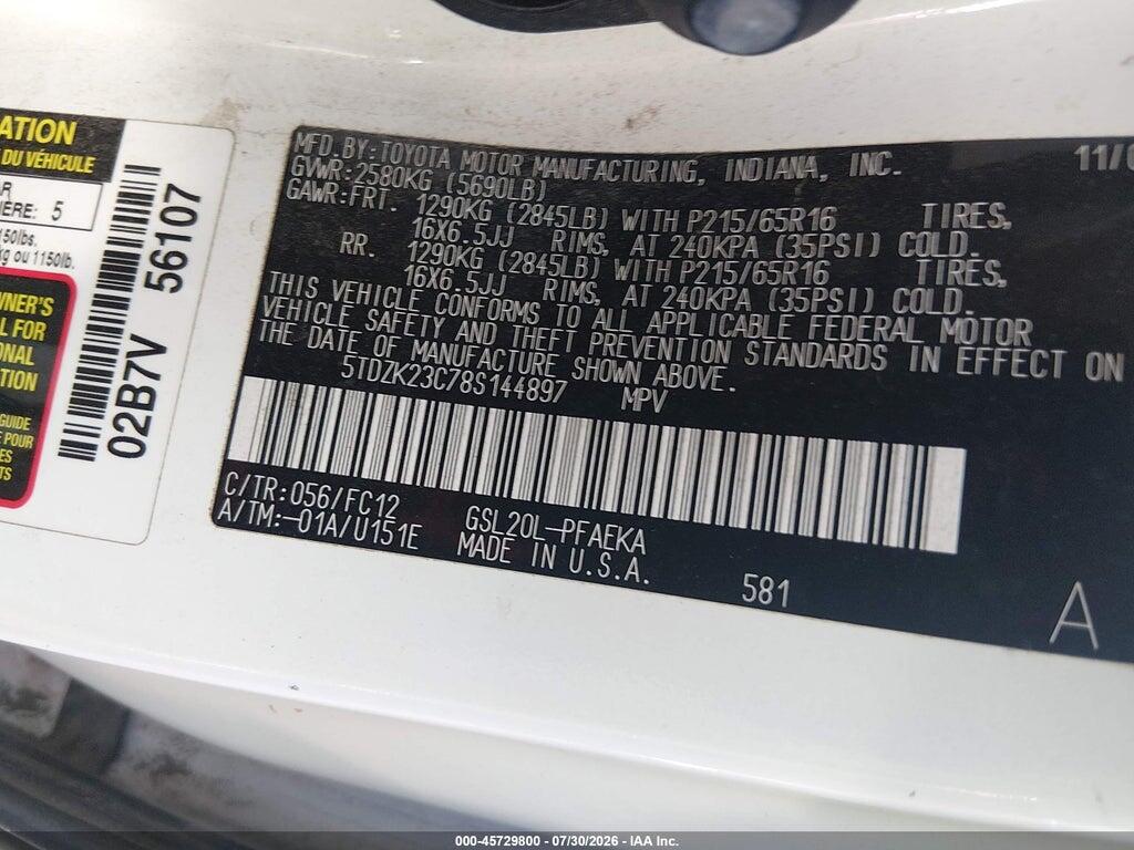 5TDZK23C78S144897 2008 TOYOTA SIENNA photo no. 9