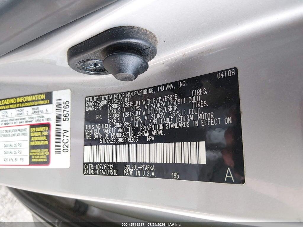5TDZK23C98S199366 2008 TOYOTA SIENNA photo no. 9