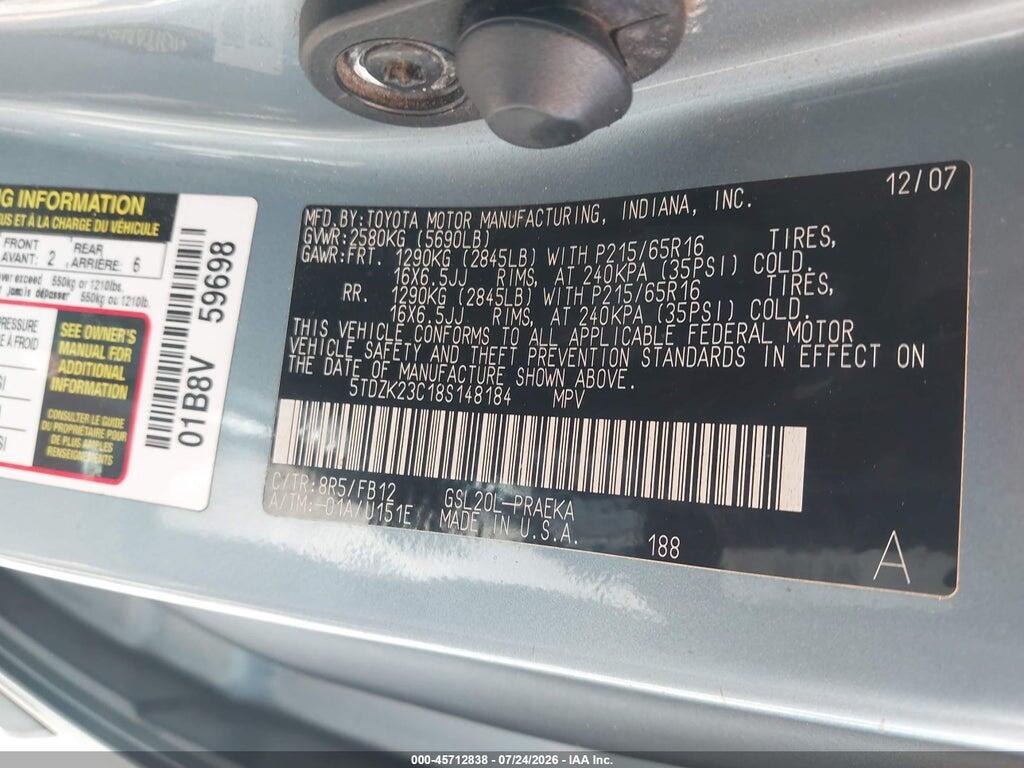 5TDZK23C18S148184 2008 TOYOTA SIENNA photo no. 9