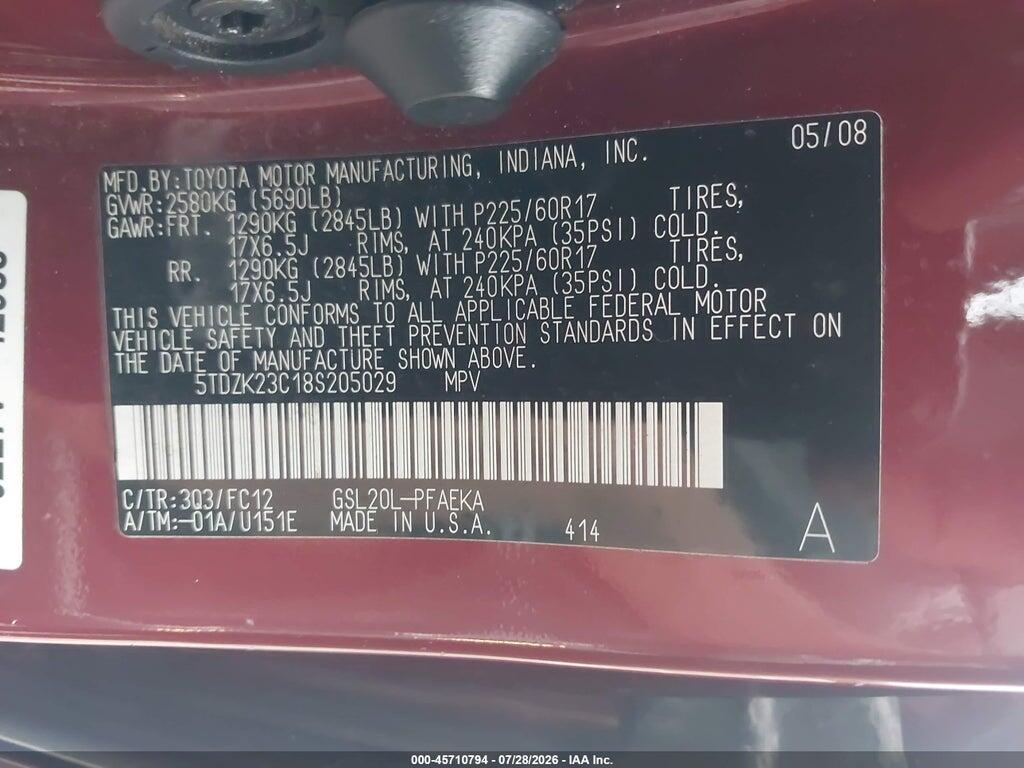 5TD2K23C185205029 2008 TOYOTA SIENNA photo no. 9