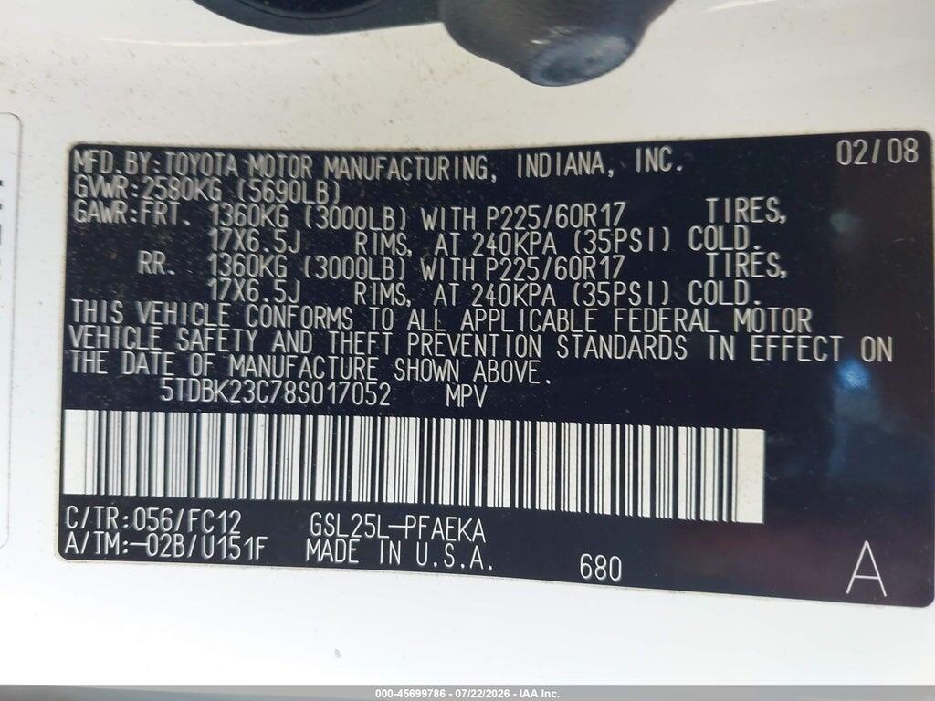 5TDBK23C78S017052 2008 TOYOTA SIENNA photo no. 9