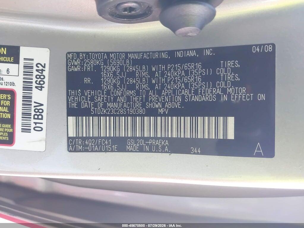5TDZK23C28S190380 2008 TOYOTA SIENNA photo no. 9