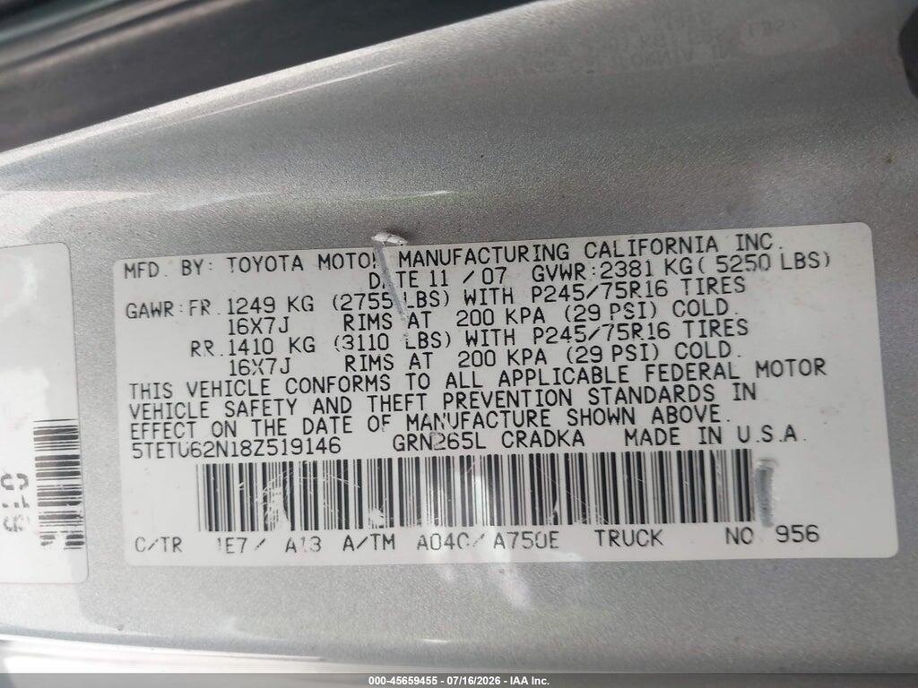 5TETU62N18Z519146 2008 TOYOTA TACOMA photo no. 9