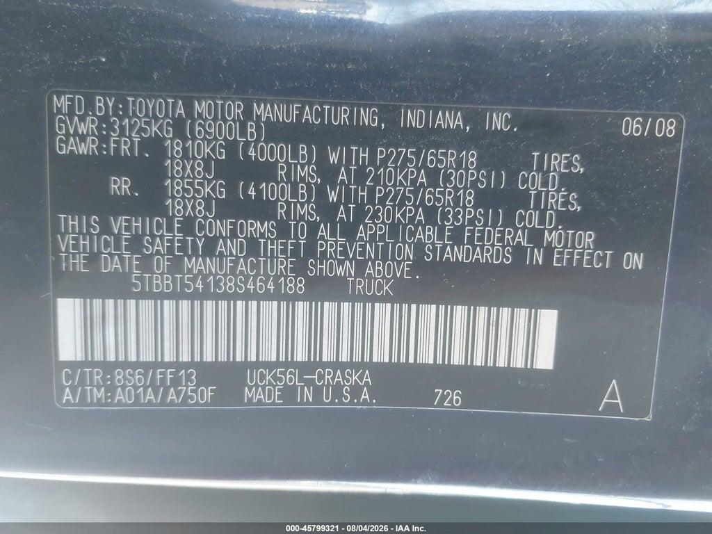 5TBBT54138S464188 2008 TOYOTA TUNDRA photo no. 9