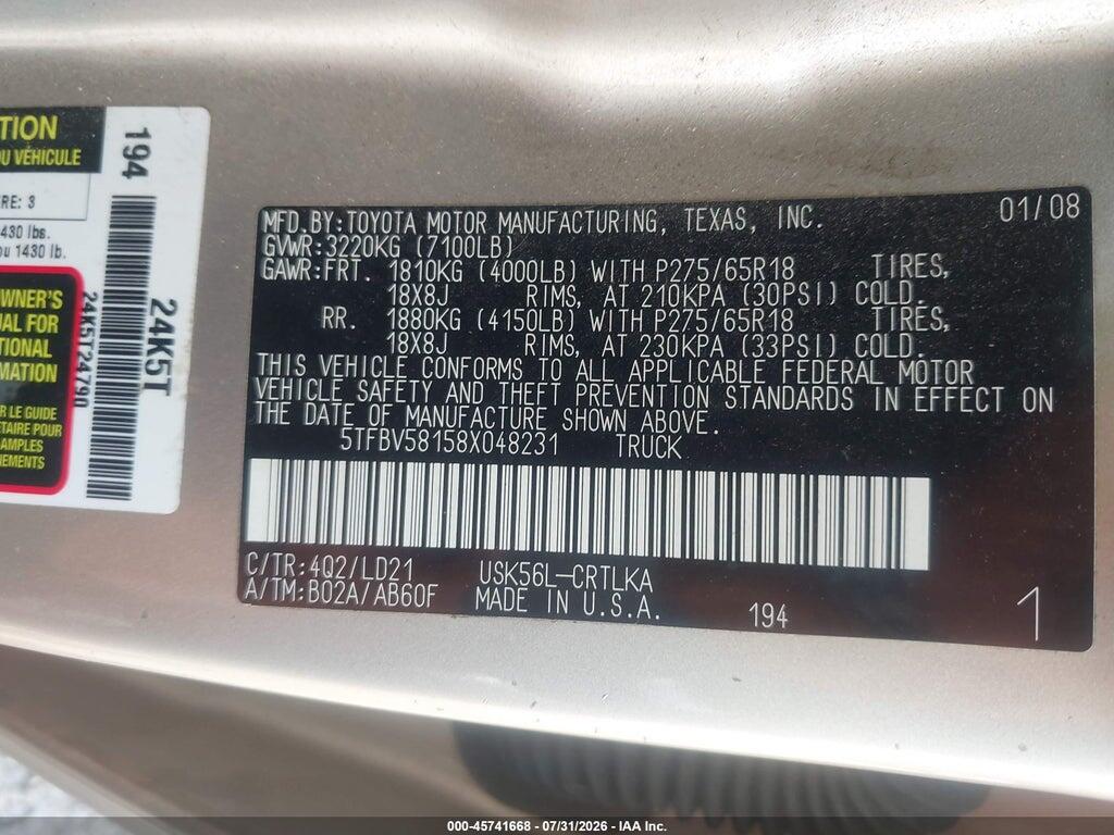 5TFBV58158X048231 2008 TOYOTA TUNDRA photo no. 9