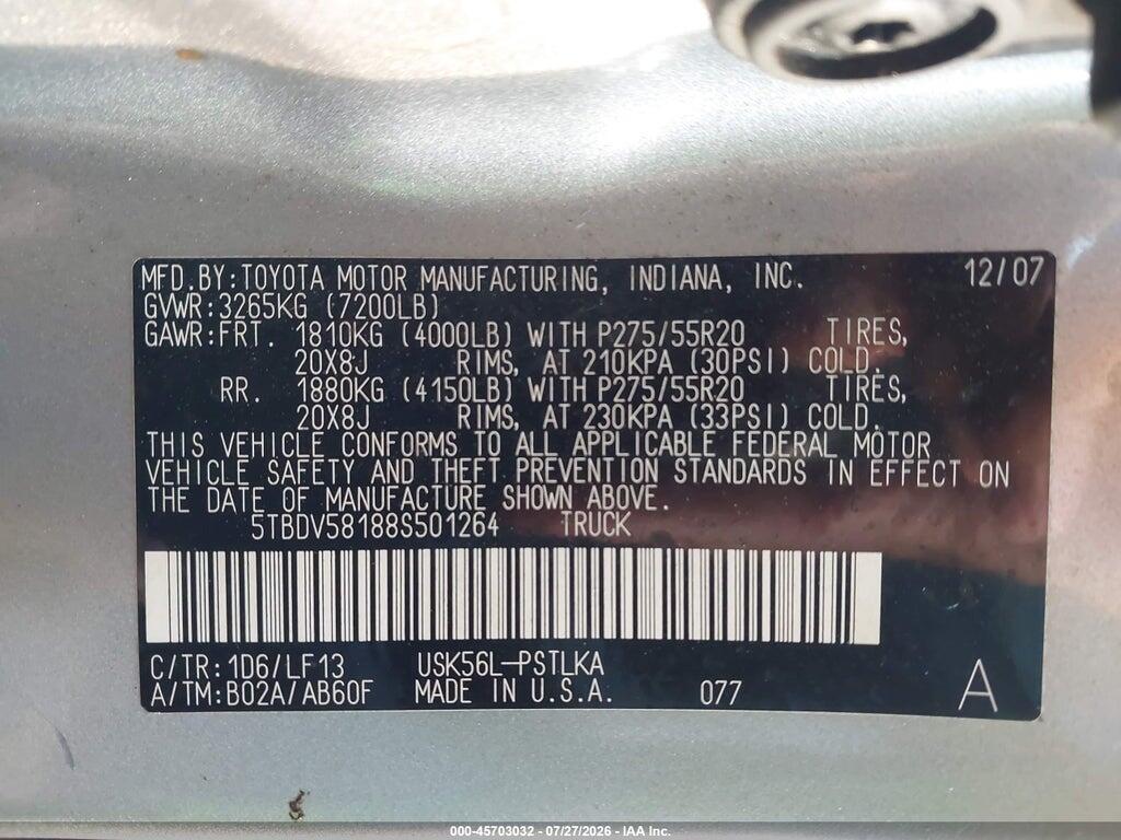 5TBDV58188S501264 2008 TOYOTA TUNDRA photo no. 9