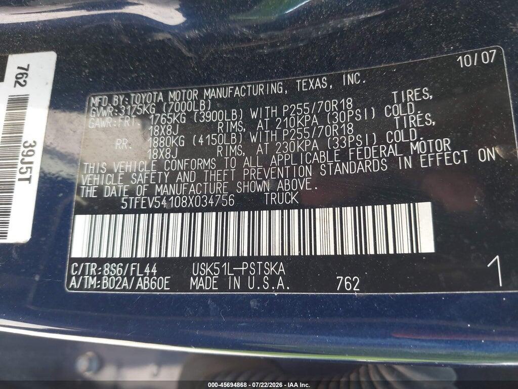 5TFEV54108X034756 2008 TOYOTA TUNDRA photo no. 9