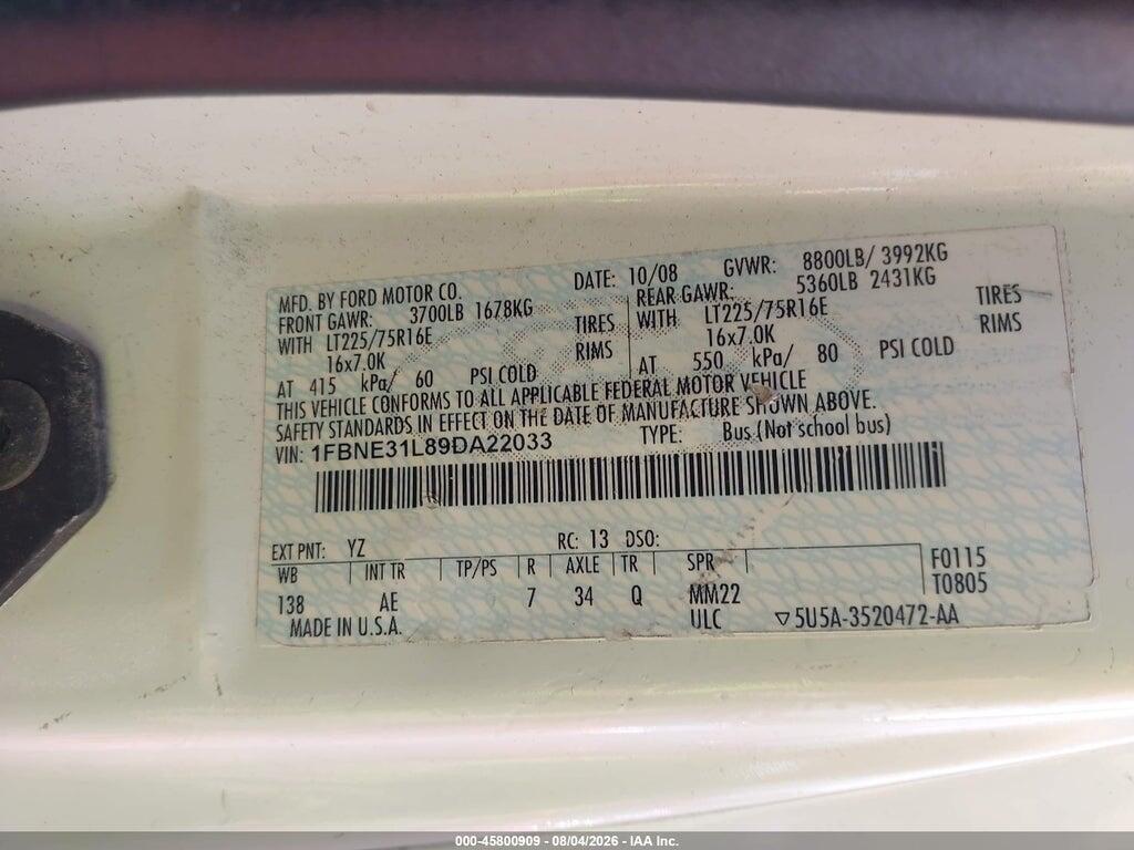 1FBNE31L89DA22033 2009 FORD E-350 SUPER DUTY photo no. 9
