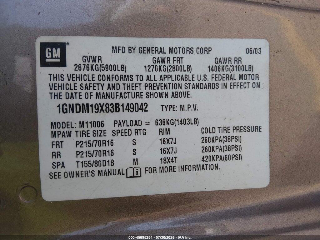 1GNDM19X83B149042 2003 CHEVROLET ASTRO PASSENGER photo no. 9