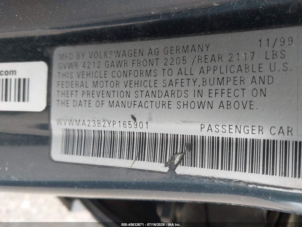 WVWMA23B2YP165901 2000 VOLKSWAGEN PASSAT photo no. 9