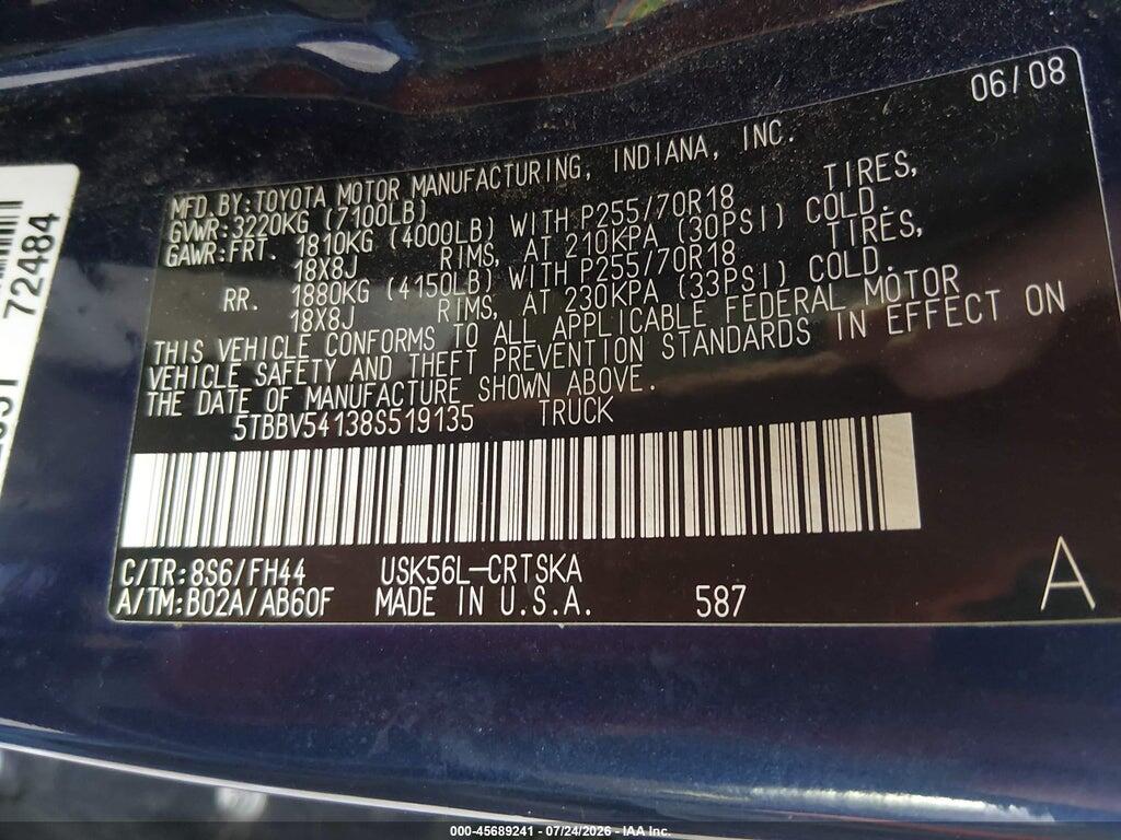 5TBBV54138S519135 2008 TOYOTA TUNDRA photo no. 9