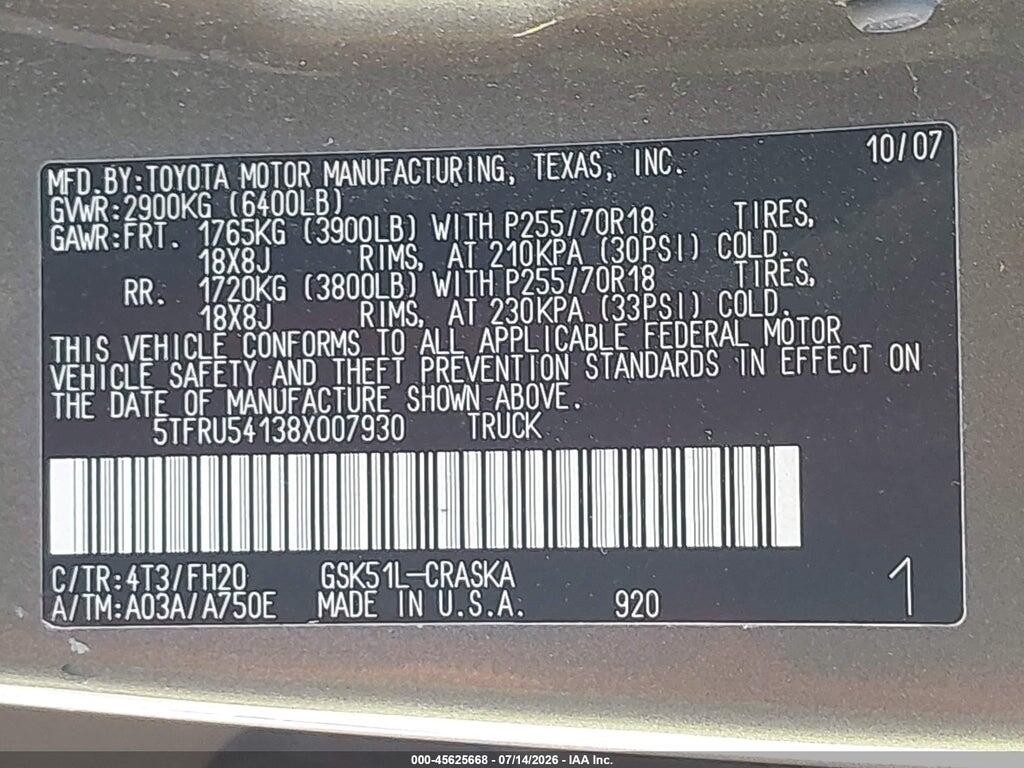 5TFRU54138X007930 2008 TOYOTA TUNDRA photo no. 9
