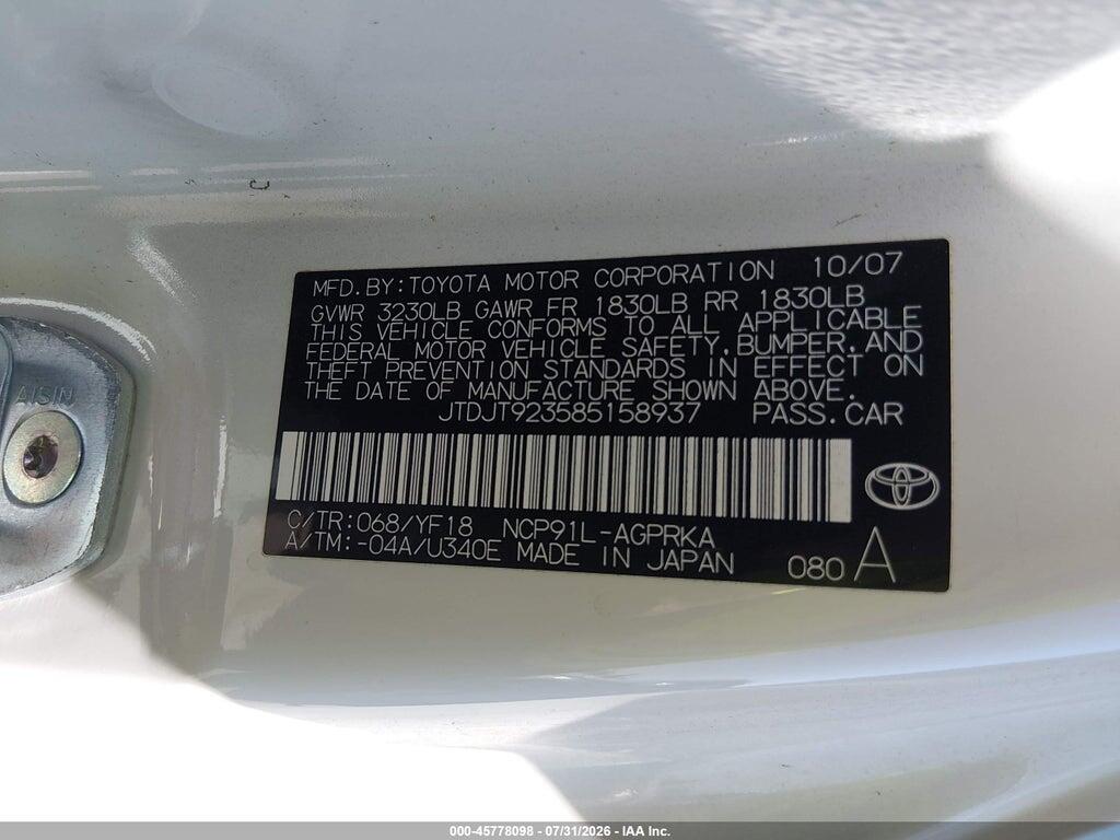 JTDJT923585158937 2008 TOYOTA YARIS photo no. 9