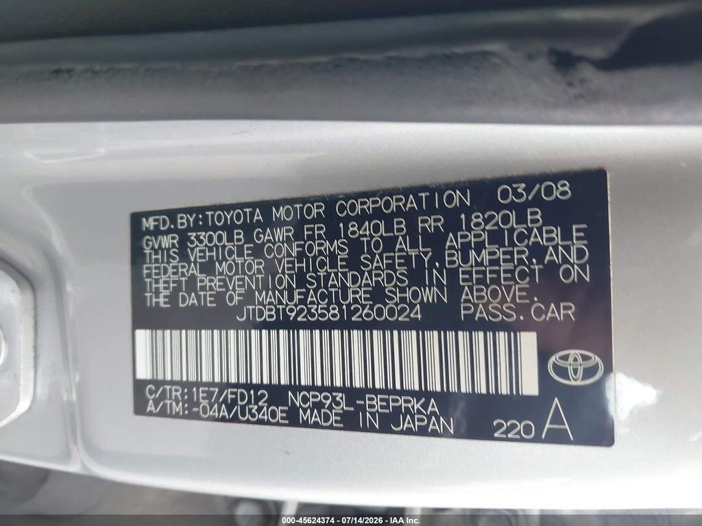JTDBT923581260024 2008 TOYOTA YARIS photo no. 9