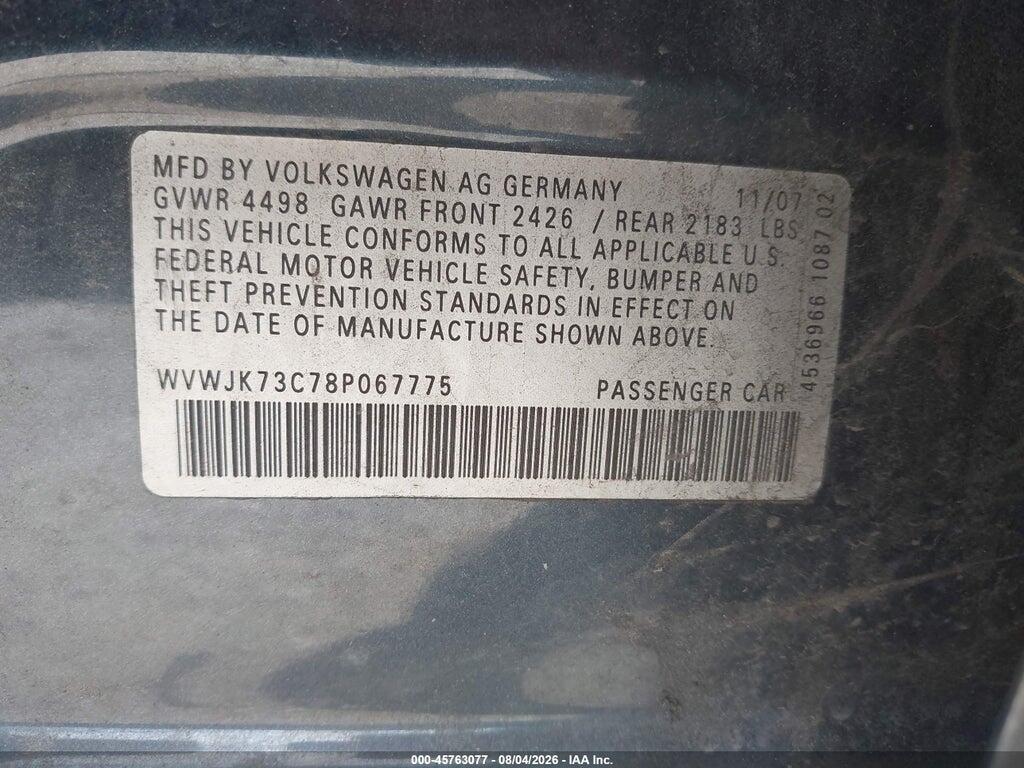 WVWJK73C78P067775 2008 VOLKSWAGEN PASSAT photo no. 9