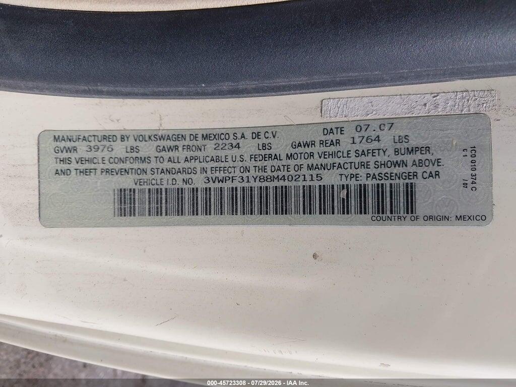 3VWPF31Y88M402115 2008 VOLKSWAGEN NEW BEETLE photo no. 9