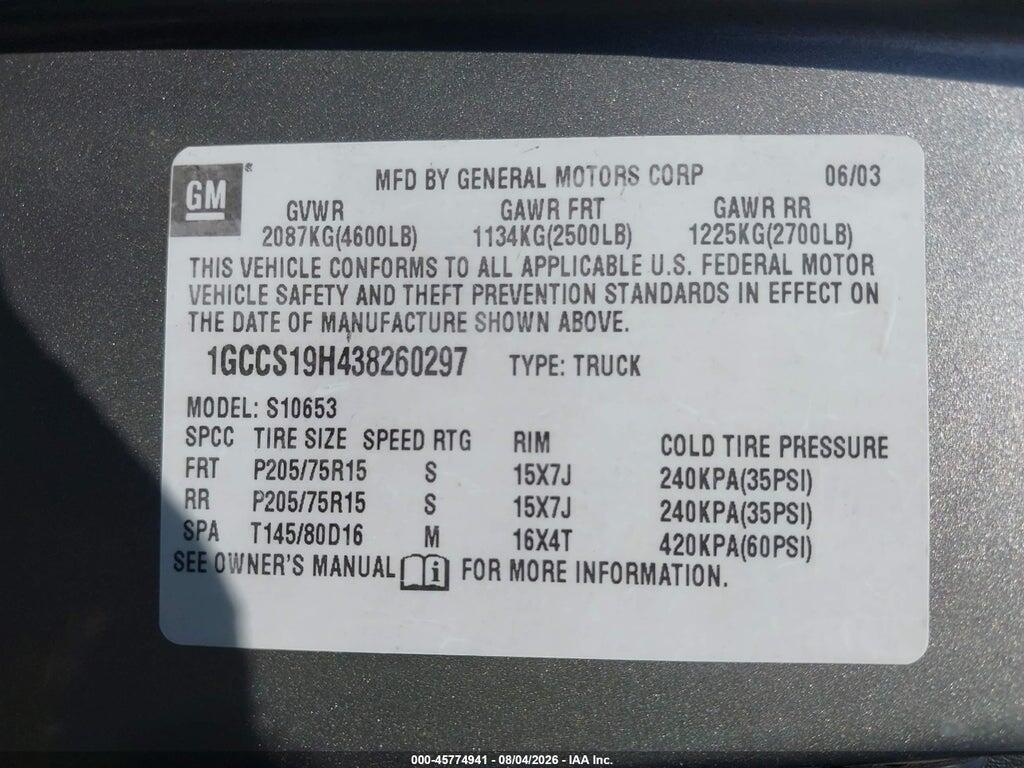 1GCCS19H438260297 2003 CHEVROLET S-10 photo no. 9