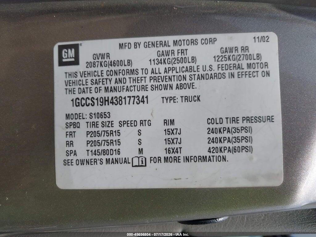 1GCCS19H438177341 2003 CHEVROLET S-10 photo no. 9
