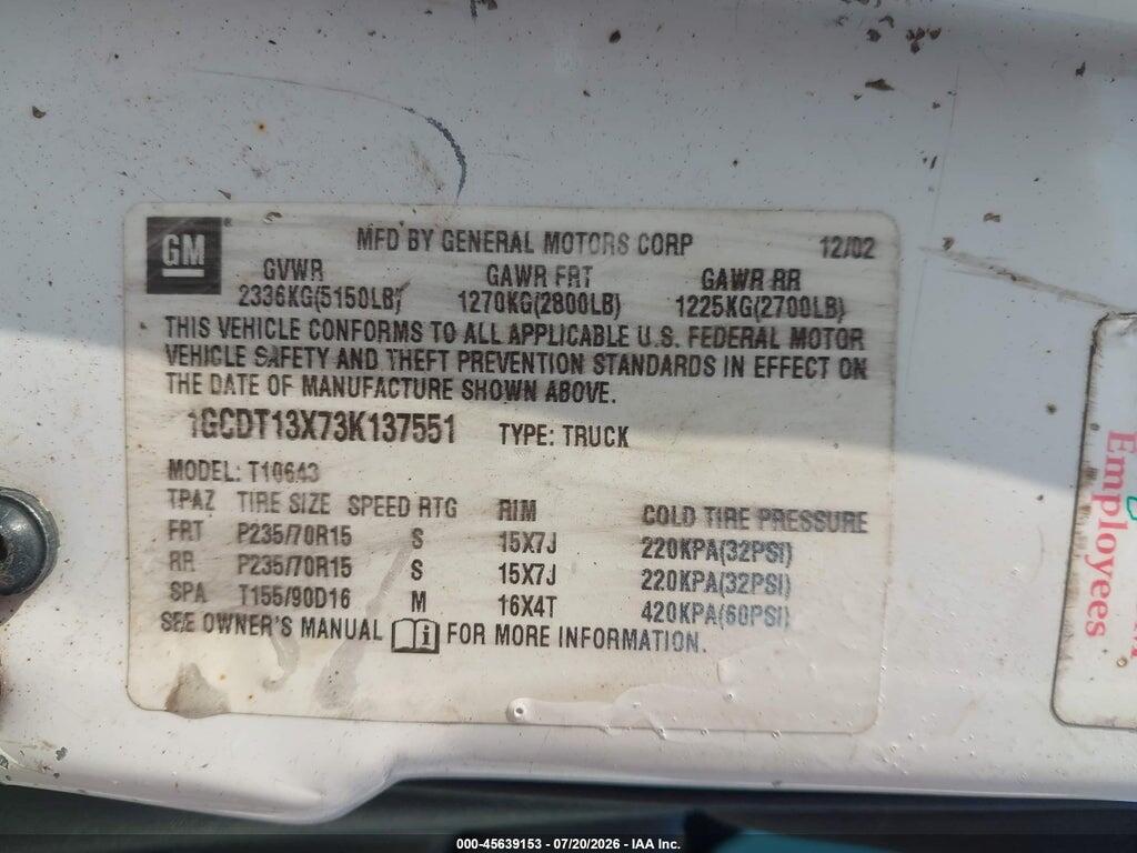 1GCDT13X73K137551 2003 CHEVROLET S-10 photo no. 9