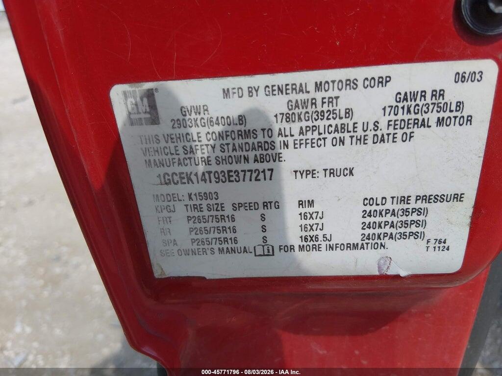 1GCEK14T93E377217 2003 CHEVROLET SILVERADO 1500 photo no. 9