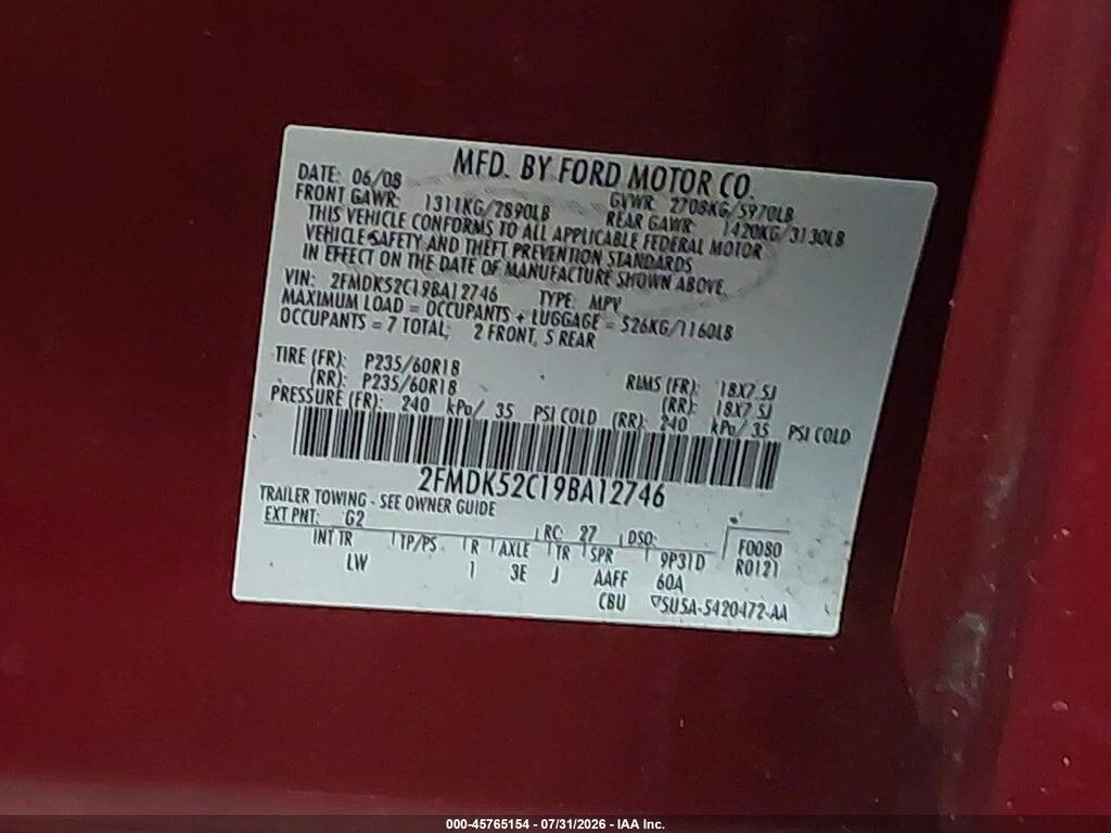 2FMDK52C19BA12746 2009 FORD FLEX photo no. 9