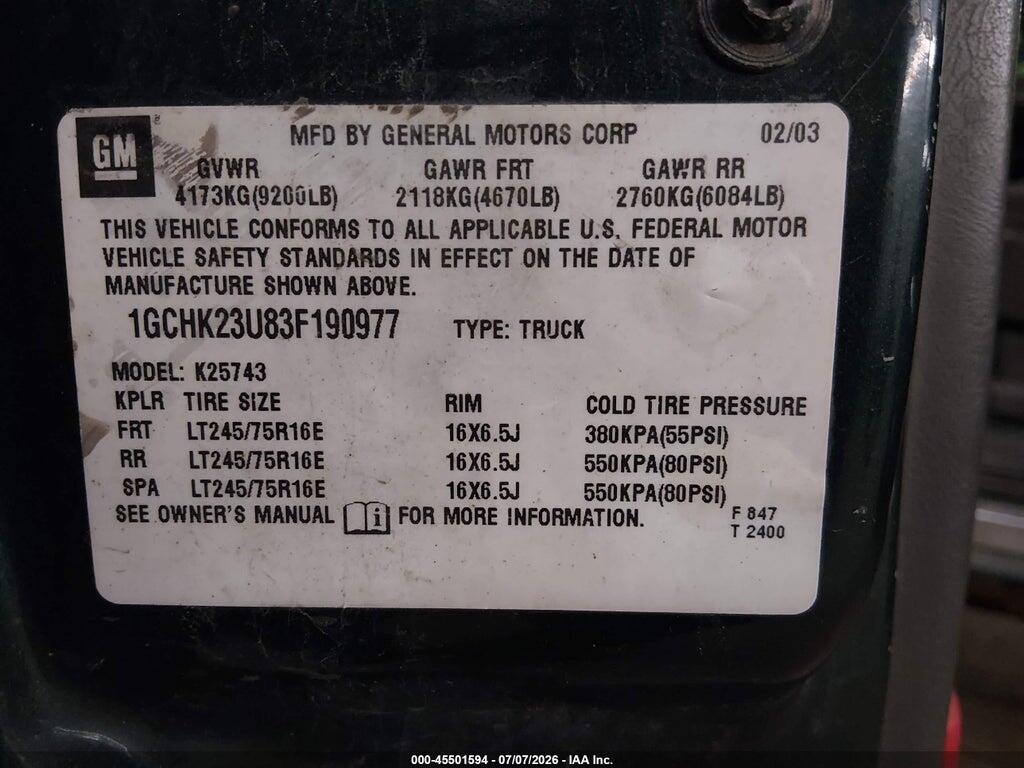 1GCHK23U83F190977 2003 CHEVROLET SILVERADO 2500HD photo no. 9