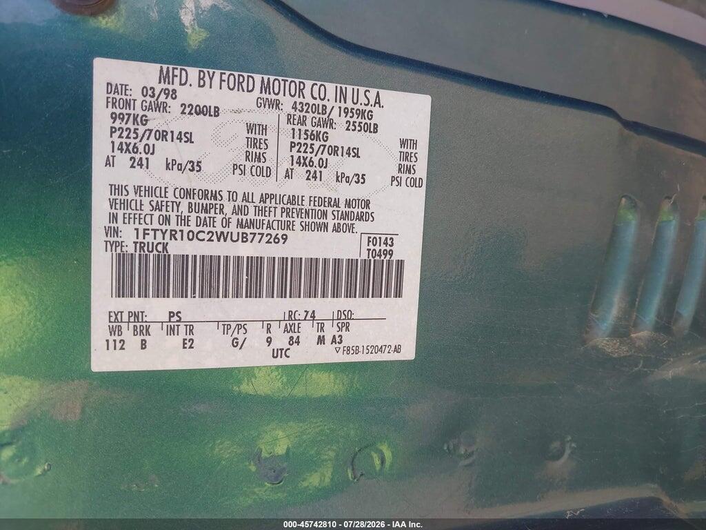 1FTYR10C2WUB77269 1998 FORD RANGER photo no. 9