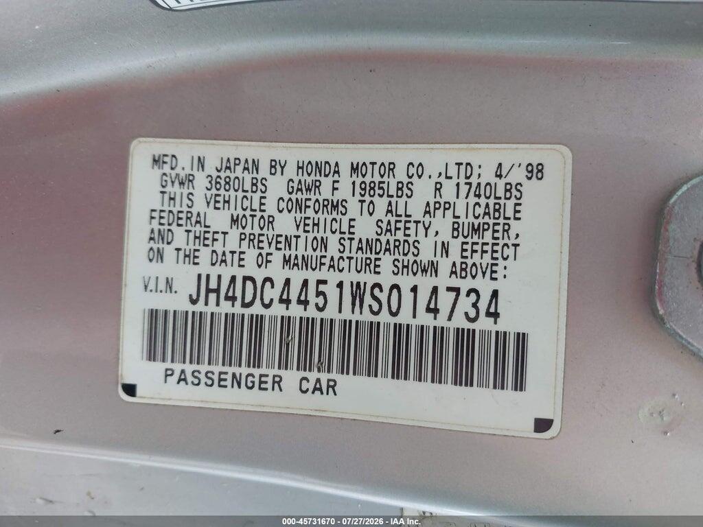 JH4DC4451WS014734 1998 ACURA INTEGRA photo no. 9