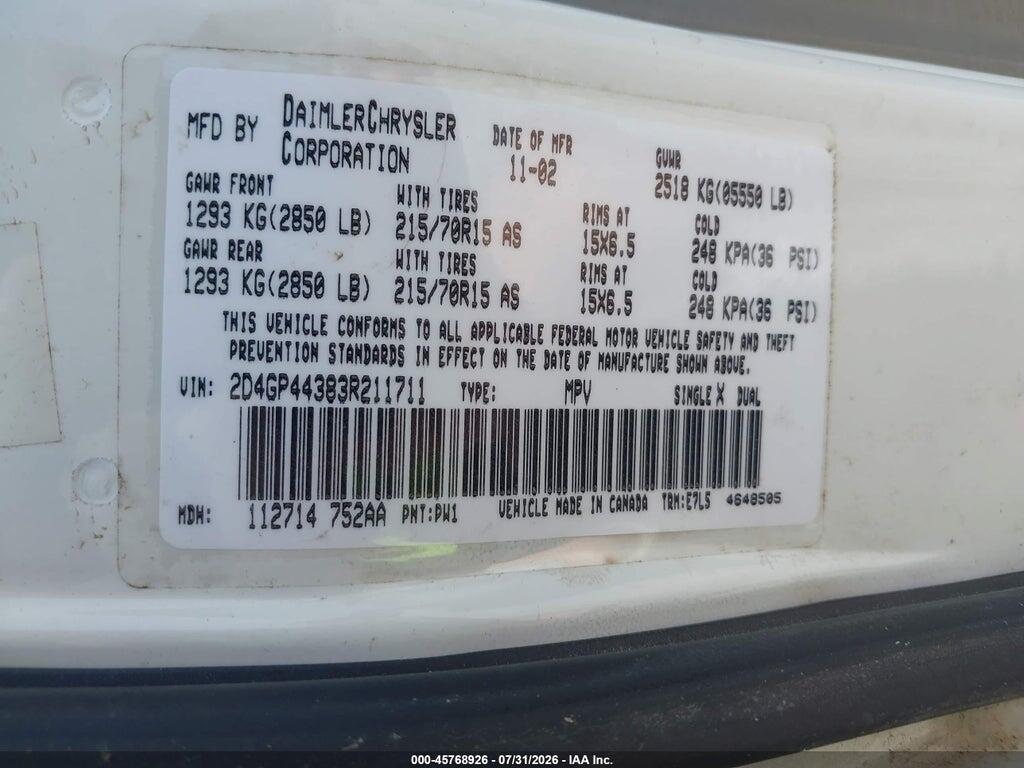 2D4GP44383R211711 2003 DODGE GRAND CARAVAN photo no. 9