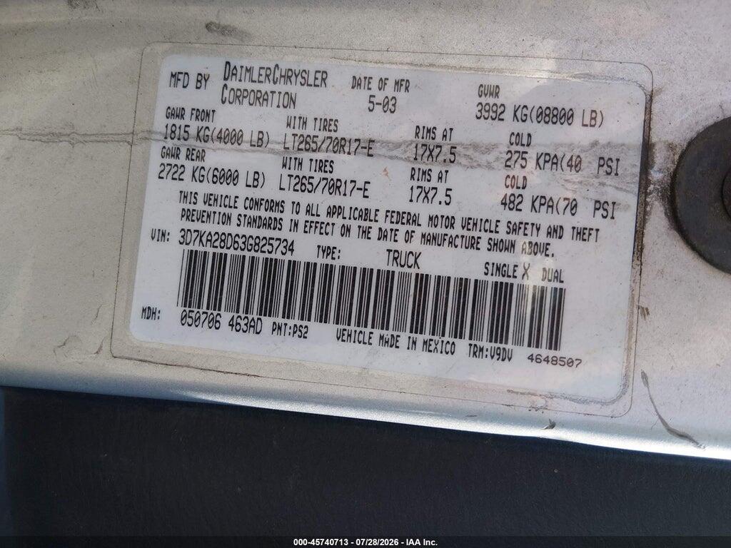 3D7KA28D63G825734 2003 DODGE RAM 2500 photo no. 9