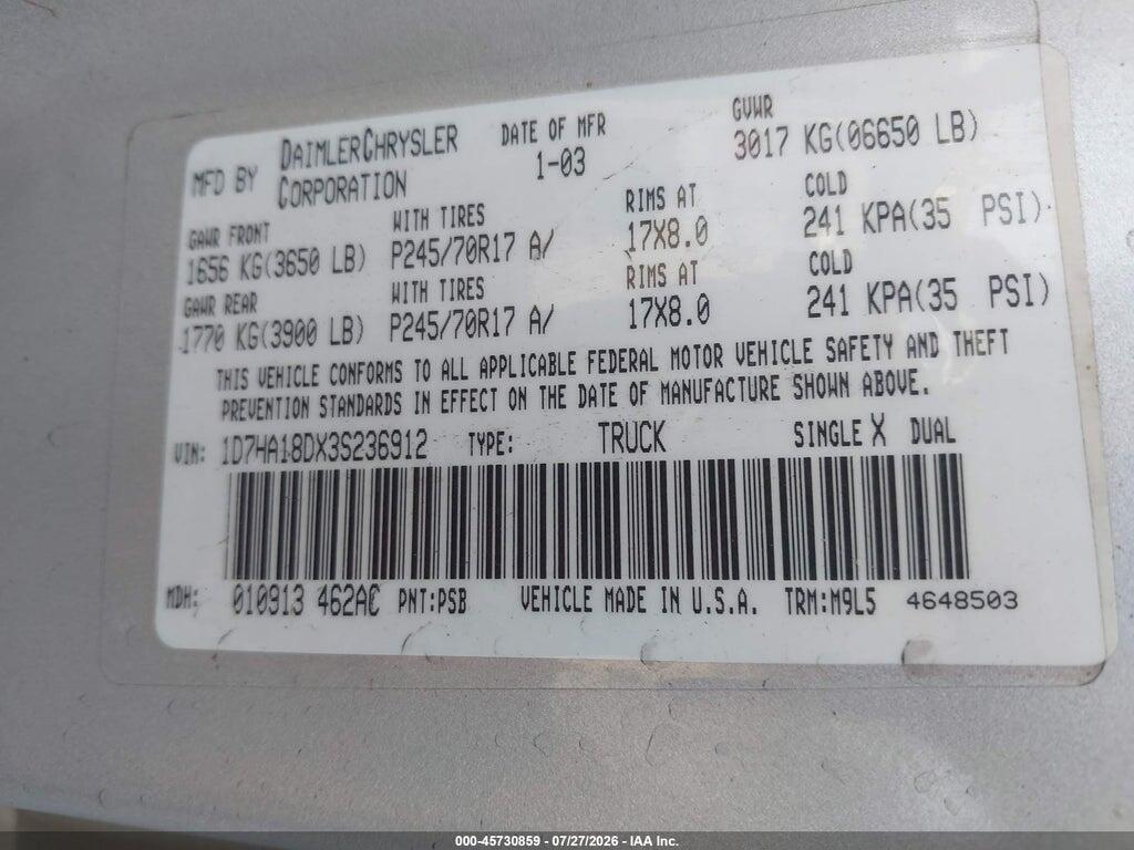1D7HA18DX3S236912 2003 DODGE RAM 1500 photo no. 9