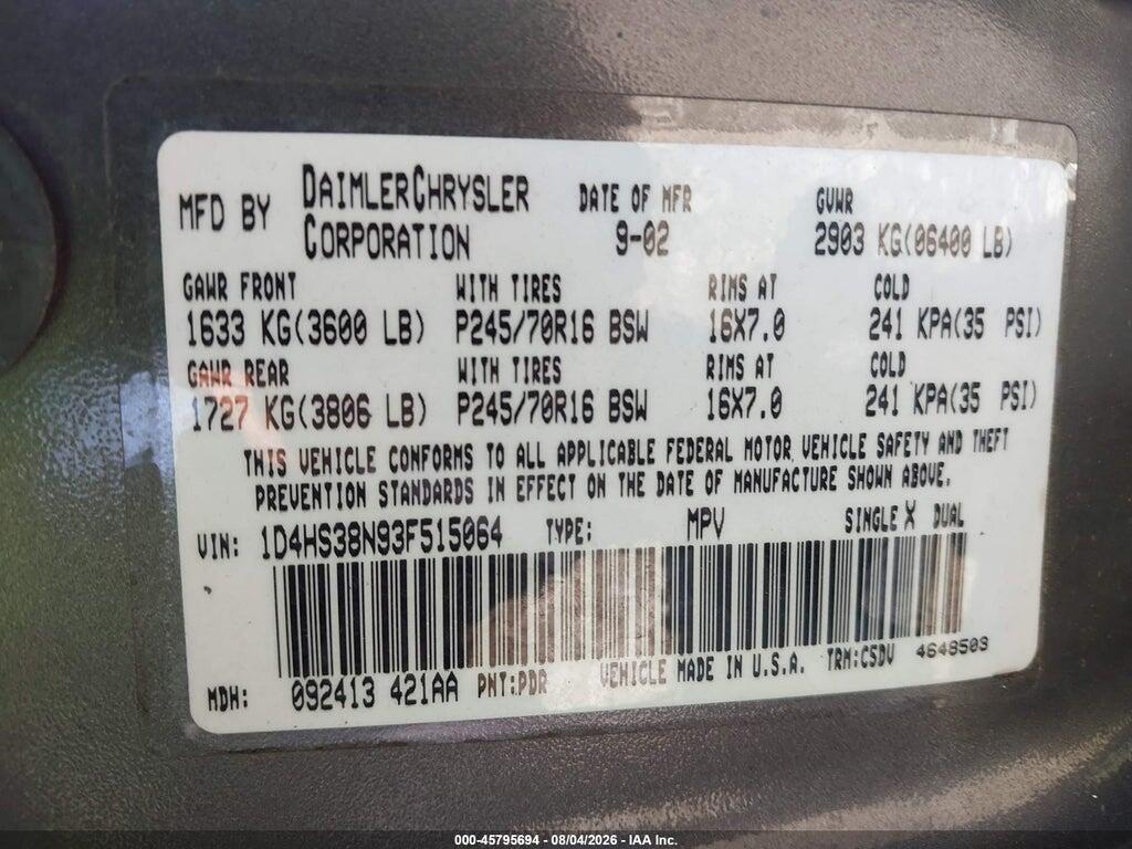 1D4HS38N93F515064 2003 DODGE DURANGO photo no. 9