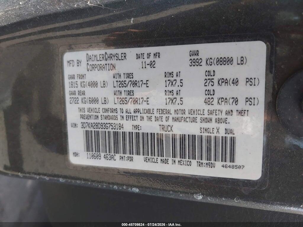 3D7KA28D93G753184 2003 DODGE RAM 2500 photo no. 9