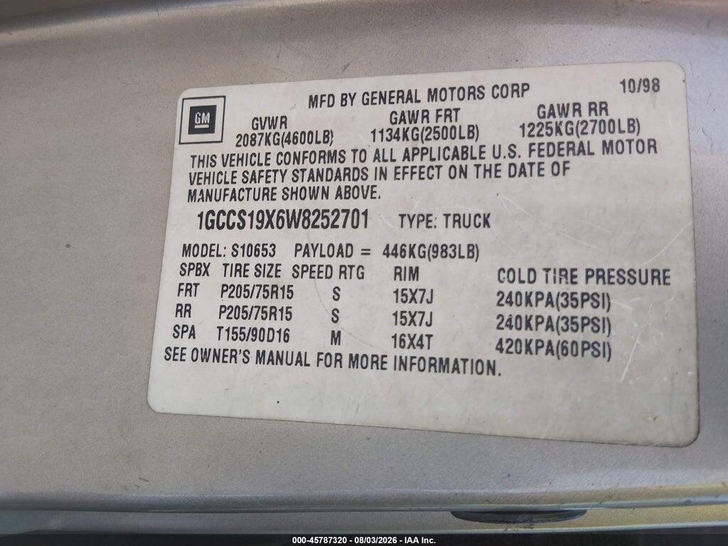 1GCCS19X6W8252701 1998 CHEVROLET S-10 photo no. 9